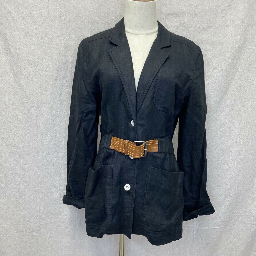 Vintage Liz Claiborne Black built in‎ belt linen utility blazer jacket Size 8